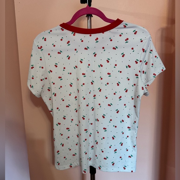 Retro Ringer Cherry Ribbed Short Sleeve Tee White Womens Size Large - Picture 3 of 4